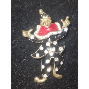 Small Golden Metal Clown Brooch/pin Adorned w/White Stones moves at waist‎